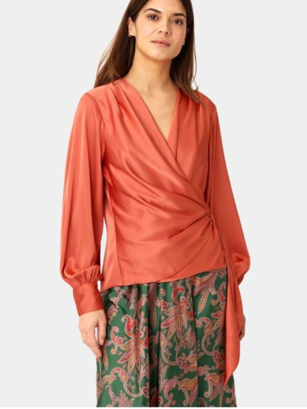 Karmamia Ines Satin Tie Blouse Orange Long Sleeve Draped Top Size S